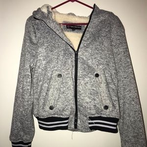 Heather Gray Faux Fur Hood Varsity Jacket